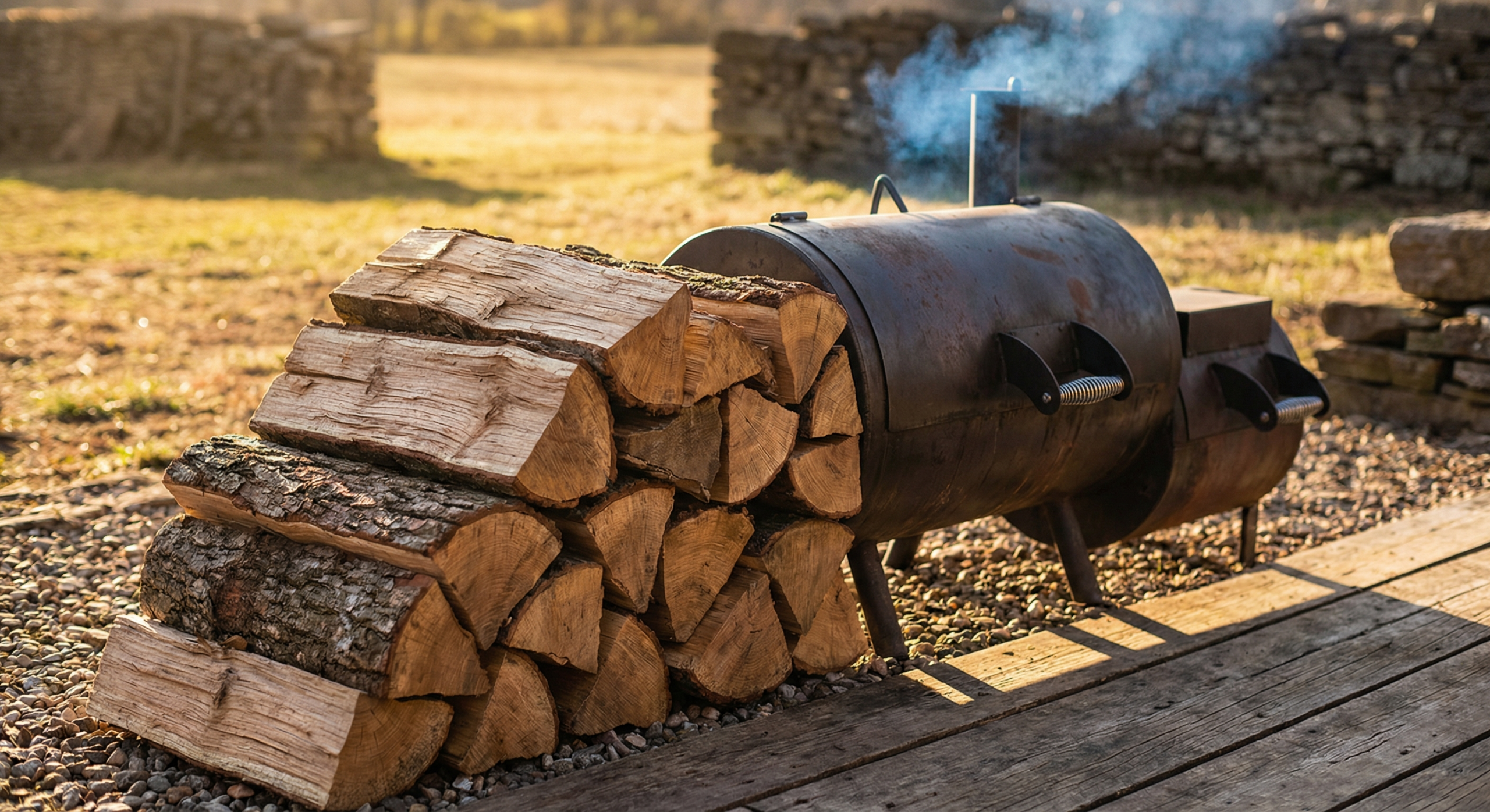 Various hardwood splits for offset smoking including oak, hickory, and cherry wood